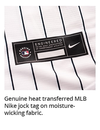 Genuine heat transferred MLB Nike jock tag on moisture-wicking fabric.