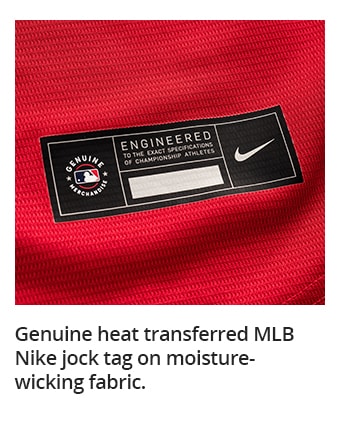 Genuine heat transferred MLB Nike jock tag on moisture-wicking fabric.