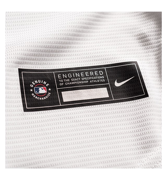 Genuine heat transferred MLB Nike jock tag on moisture-wicking fabric.
