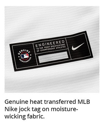Genuine heat transferred MLB Nike jock tag on moisture-wicking fabric.