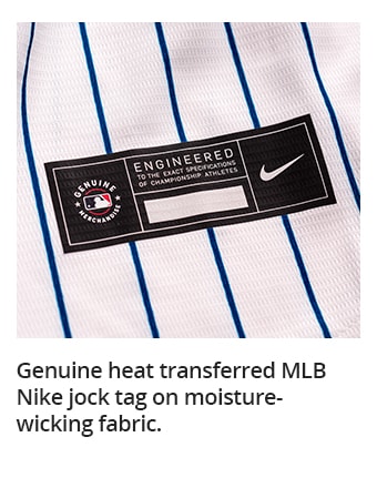 Genuine heat transferred MLB Nike jock tag on moisture-wicking fabric.