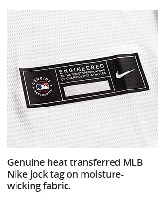 Genuine heat transferred MLB Nike jock tag on moisture-wicking fabric.