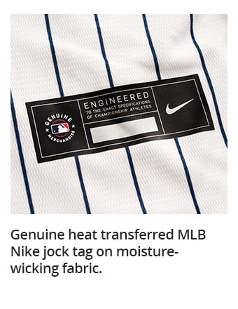 Genuine heat transferred MLB Nike jock tag on moisture-wicking fabric.