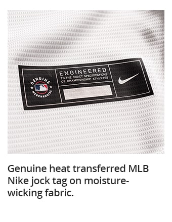 Genuine heat transferred MLB Nike jock tag on moisture-wicking fabric.