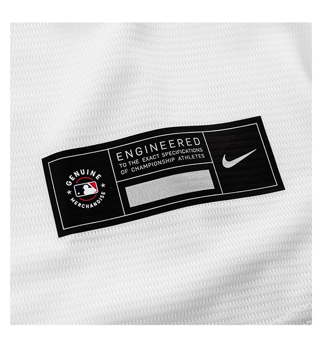 Genuine heat transferred MLB Nike jock tag on moisture-wicking fabric.