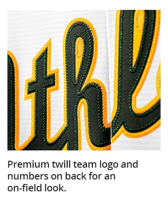 Premium twill team logo and numbers on back for an on-field look.