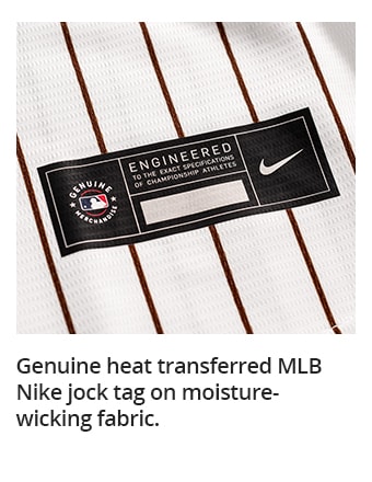 Genuine heat transferred MLB Nike jock tag on moisture-wicking fabric.