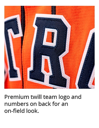 Premium twill team logo and numbers on back for an on-field look.