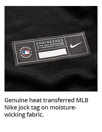 Genuine heat transferred MLB Nike jock tag on moisture-wicking fabric.