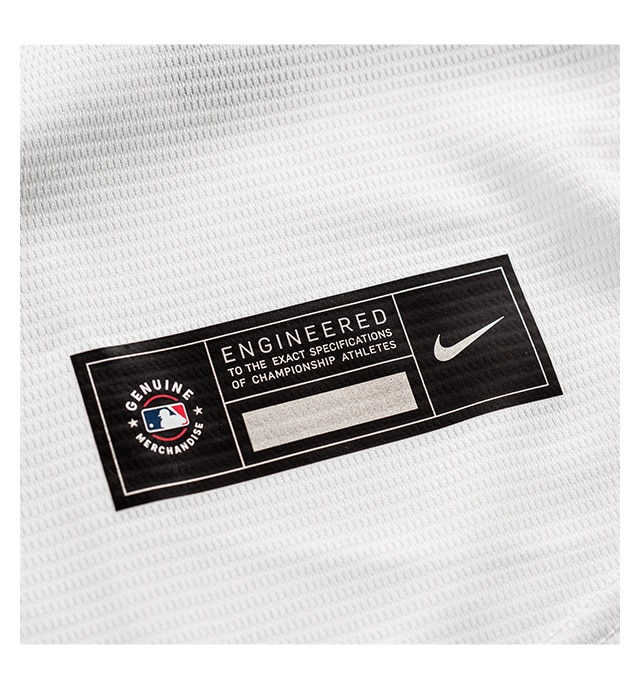 Genuine heat transferred MLB Nike jock tag on moisture-wicking fabric.