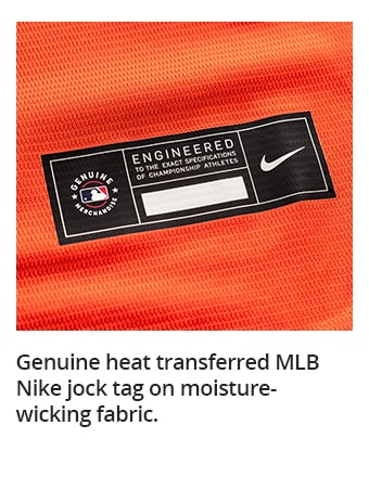 Genuine heat transferred MLB Nike jock tag on moisture-wicking fabric.