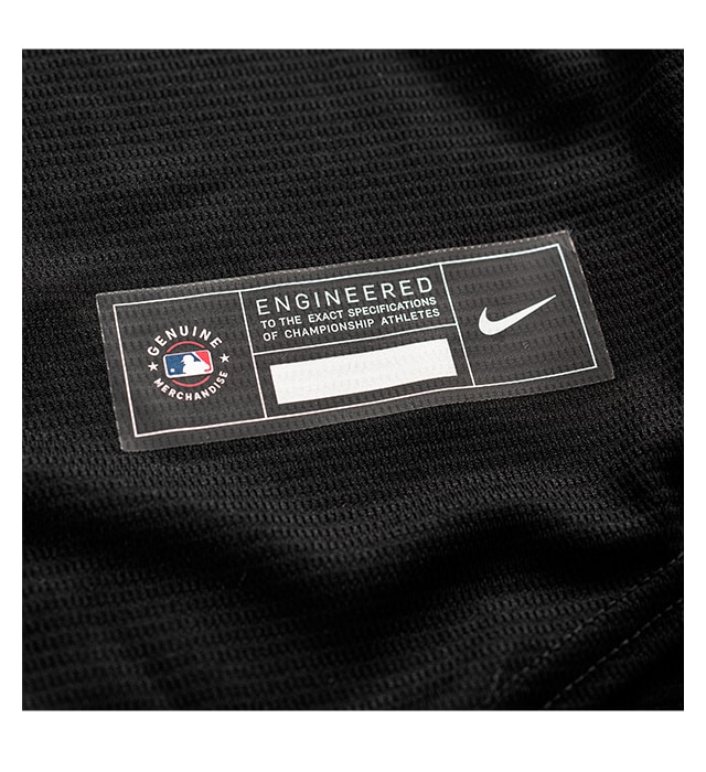 Genuine heat transferred MLB Nike jock tag on moisture-wicking fabric.