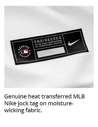 Genuine heat transferred MLB Nike jock tag on moisture-wicking fabric.