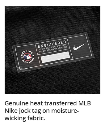 Genuine heat transferred MLB Nike jock tag on moisture-wicking fabric.