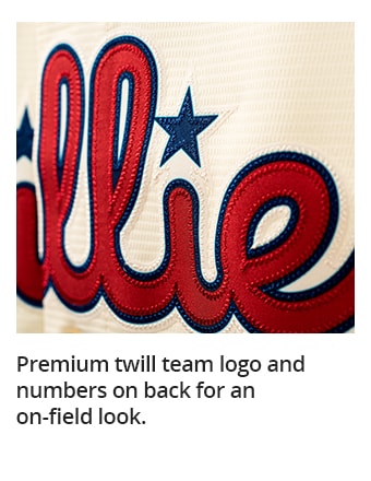 Premium twill team logo and numbers on back for an on-field look.
