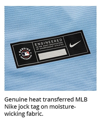 Genuine heat transferred MLB Nike jock tag on moisture-wicking fabric.