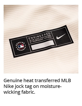 Genuine heat transferred MLB Nike jock tag on moisture-wicking fabric.