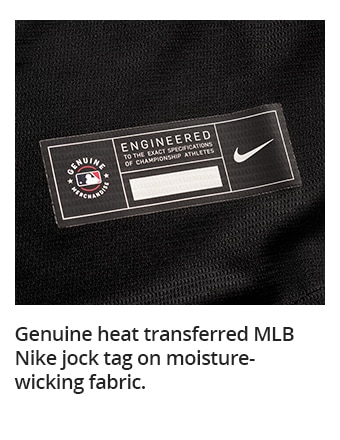 Genuine heat transferred MLB Nike jock tag on moisture-wicking fabric.