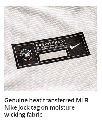 Genuine heat transferred MLB Nike jock tag on moisture-wicking fabric.