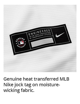 Genuine heat transferred MLB Nike jock tag on moisture-wicking fabric.