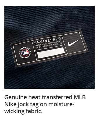 Genuine heat transferred MLB Nike jock tag on moisture-wicking fabric.