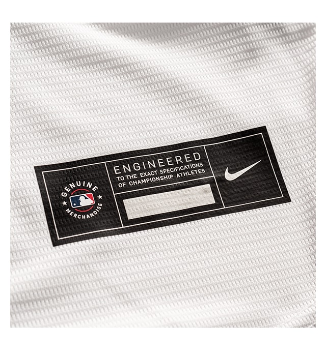 Genuine heat transferred MLB Nike jock tag on moisture-wicking fabric.