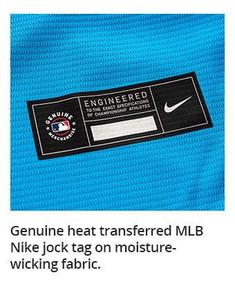 Genuine heat transferred MLB Nike jock tag on moisture-wicking fabric.