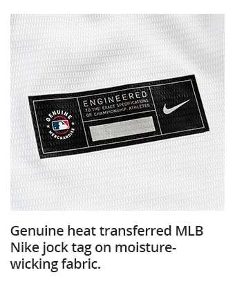 Genuine heat transferred MLB Nike jock tag on moisture-wicking fabric.