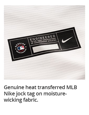 Genuine heat transferred MLB Nike jock tag on moisture-wicking fabric.
