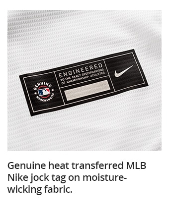 Genuine heat transferred MLB Nike jock tag on moisture-wicking fabric.