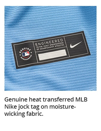 Genuine heat transferred MLB Nike jock tag on moisture-wicking fabric.