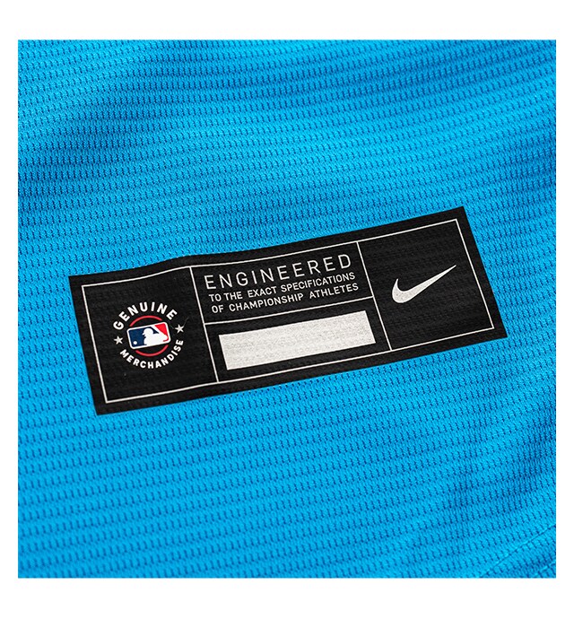 Genuine heat transferred MLB Nike jock tag on moisture-wicking fabric.
