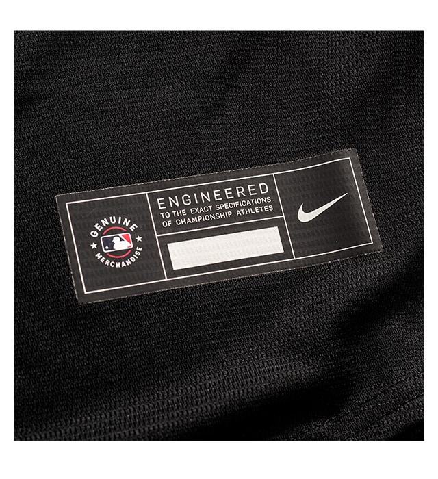 Genuine heat transferred MLB Nike jock tag on moisture-wicking fabric.