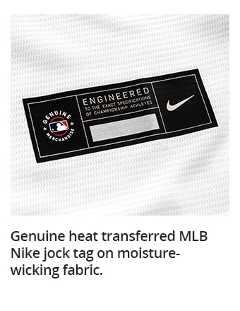 Genuine heat transferred MLB Nike jock tag on moisture-wicking fabric.