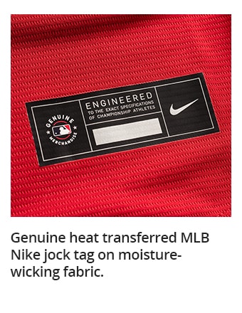 Genuine heat transferred MLB Nike jock tag on moisture-wicking fabric.