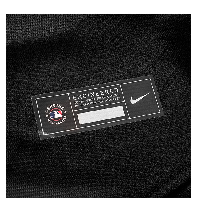 Genuine heat transferred MLB Nike jock tag on moisture-wicking fabric.