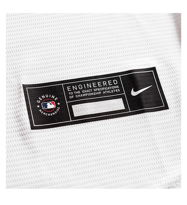 Genuine heat transferred MLB Nike jock tag on moisture-wicking fabric.
