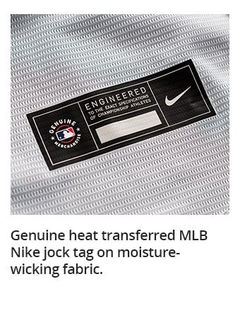 Genuine heat transferred MLB Nike jock tag on moisture-wicking fabric.