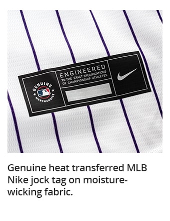 Genuine heat transferred MLB Nike jock tag on moisture-wicking fabric.