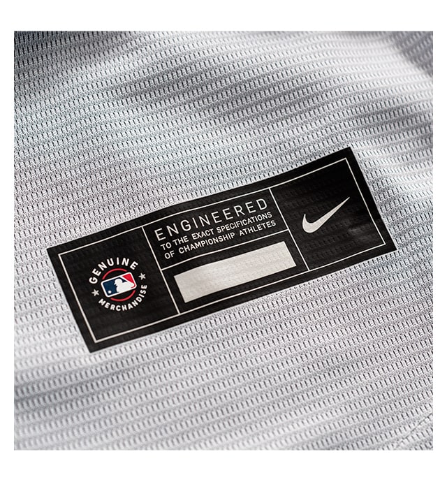 Genuine heat transferred MLB Nike jock tag on moisture-wicking fabric.