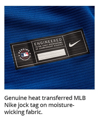 Genuine heat transferred MLB Nike jock tag on moisture-wicking fabric.